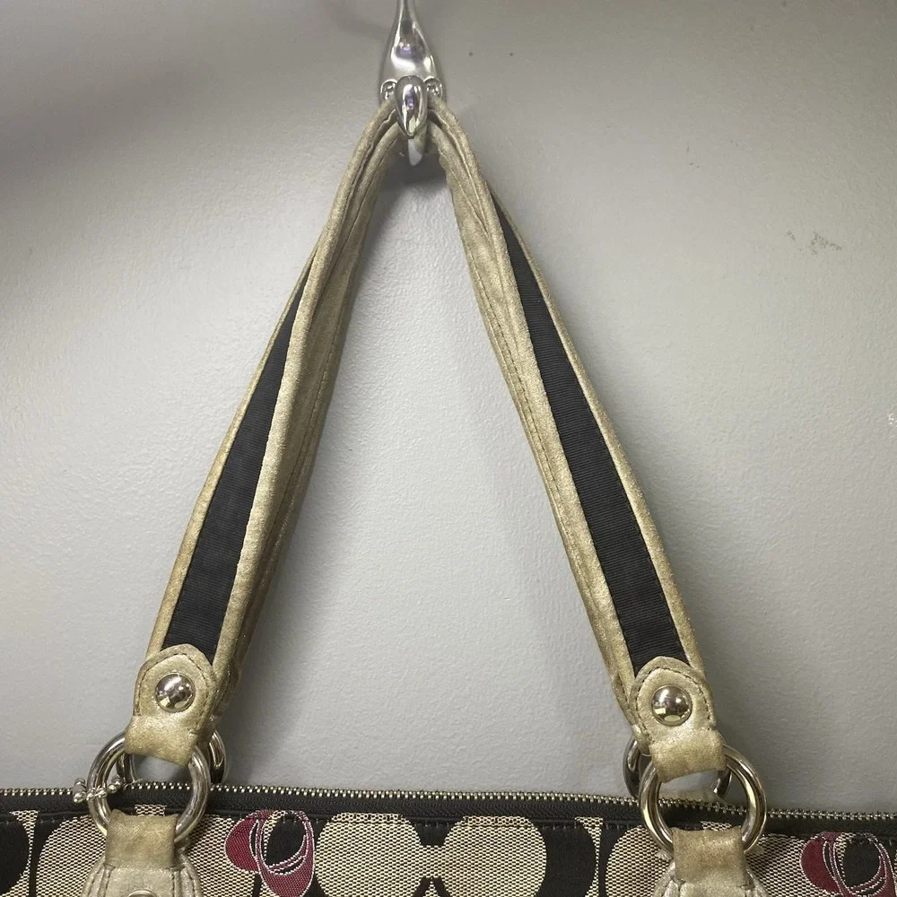 Coach Poppy Signature One Women Shoulder Bag Tan/Black/Pink 13x17x4" Need Clean - Picture 5 of 16